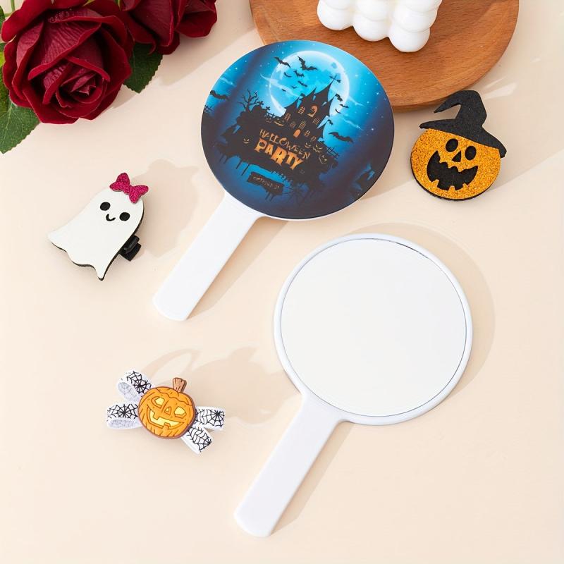 Castle & Bat Pattern Hand Mirror Small Round Vanity Mirror
