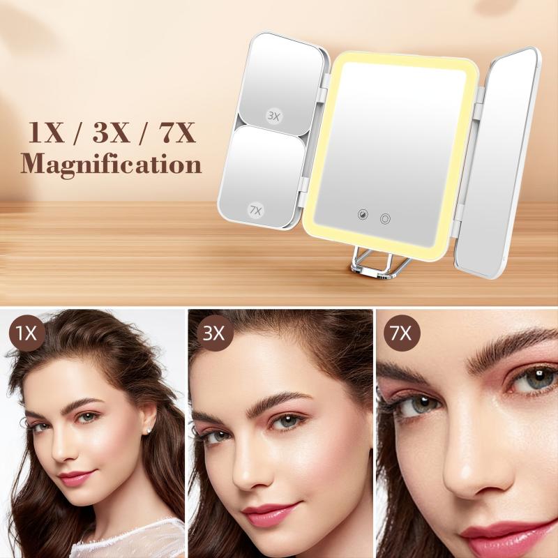 Tri Fold Makeup Mirror Vanity Mirror with 3 LED Lights X1 X3 X7 Magnification
