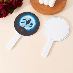 Witch Broom & Bat Print Hand Mirror - Portable Round Makeup Vanity Mirror