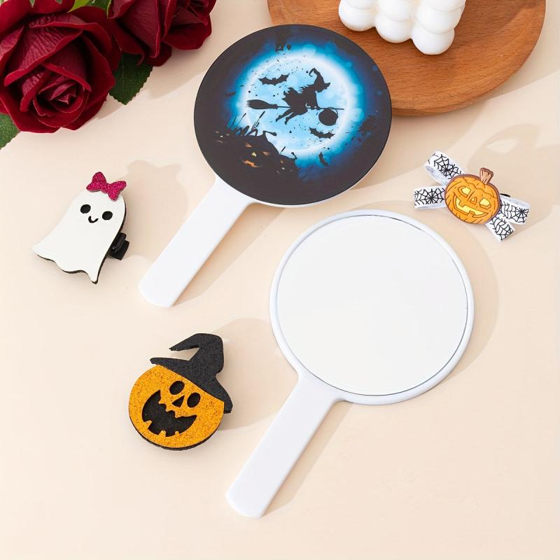 Witch Broom & Bat Print Hand Mirror - Portable Round Makeup Vanity Mirror
