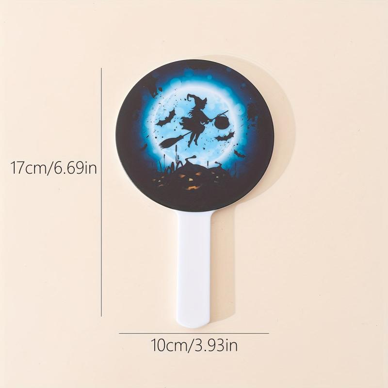 Witch Broom & Bat Print Hand Mirror - Portable Round Makeup Vanity Mirror