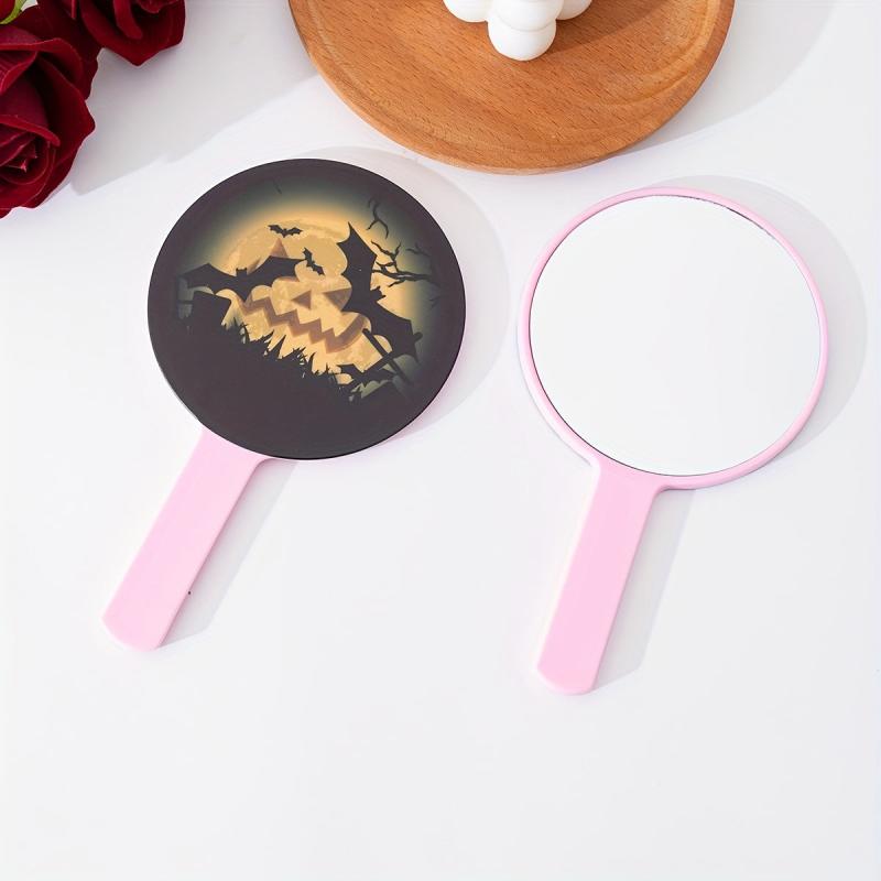 Pumpkin & Bat Print Hand Mirror Portable Makeup Vanity Mirror