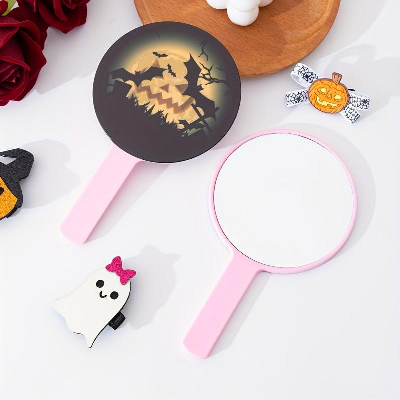 Pumpkin & Bat Print Hand Mirror Portable Makeup Vanity Mirror