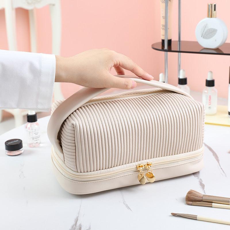 Large Capacity Travel Makeup Bag with Handle and Brush Compartment