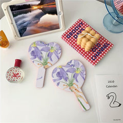 Purple Floral Pattern Hand Mirror Cosmetic Touch up Mirror With Handle Portable