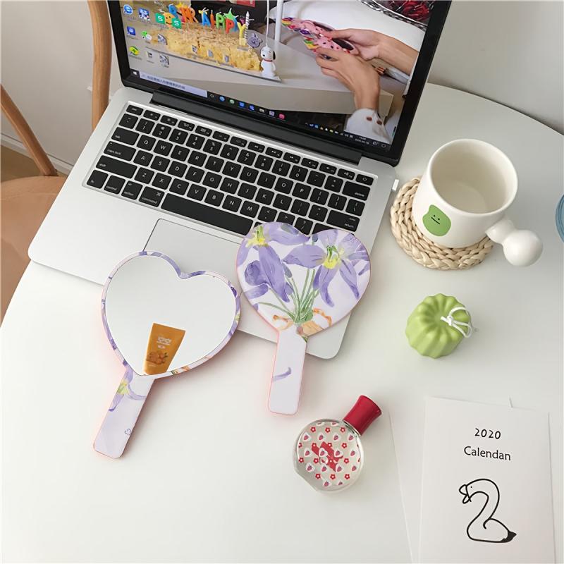 Purple Floral Pattern Hand Mirror Cosmetic Touch up Mirror With Handle Portable
