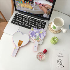 Purple Floral Pattern Hand Mirror Cosmetic Touch up Mirror With Handle Portable