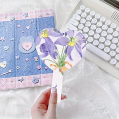 Purple Floral Pattern Hand Mirror Cosmetic Touch up Mirror With Handle Portable