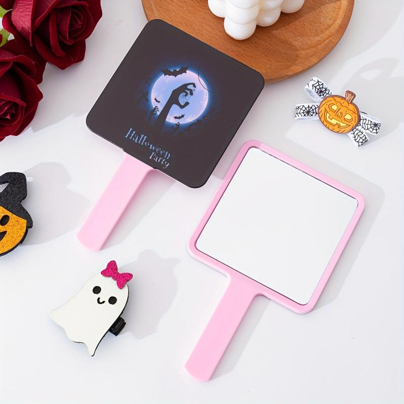 Halloween Bat & Cobweb Pattern Hand Mirror - Cartoon Style Vanity Mirror
