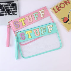 Chenille Letter Clear Travel Zipper Pouch Nylon Makeup Bag Waterproof