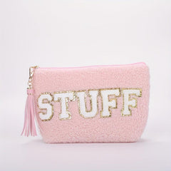 Chenille Embroidered Letter Pouch Patch Makeup Bag with Tassel Keychain