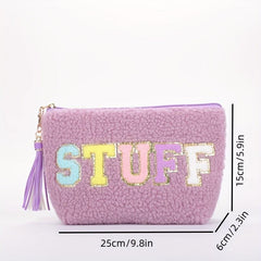 Chenille Embroidered Letter Pouch Patch Makeup Bag with Tassel Keychain