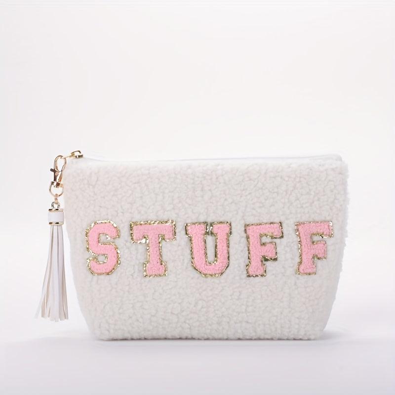 Chenille Embroidered Letter Pouch Patch Makeup Bag with Tassel Keychain
