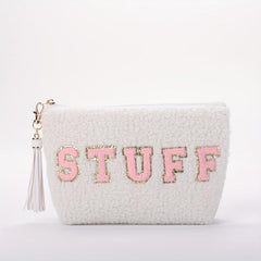 Chenille Embroidered Letter Pouch Patch Makeup Bag with Tassel Keychain
