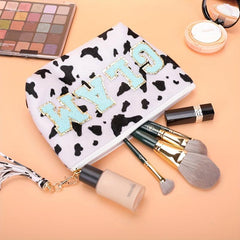 Chenille Embroidered Letter Pouch Patch Makeup Bag with Tassel Keychain