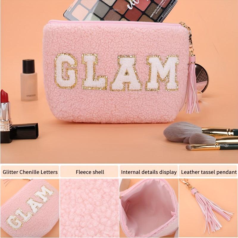 Chenille Embroidered Letter Pouch Patch Makeup Bag with Tassel Keychain