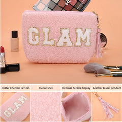 Chenille Embroidered Letter Pouch Patch Makeup Bag with Tassel Keychain