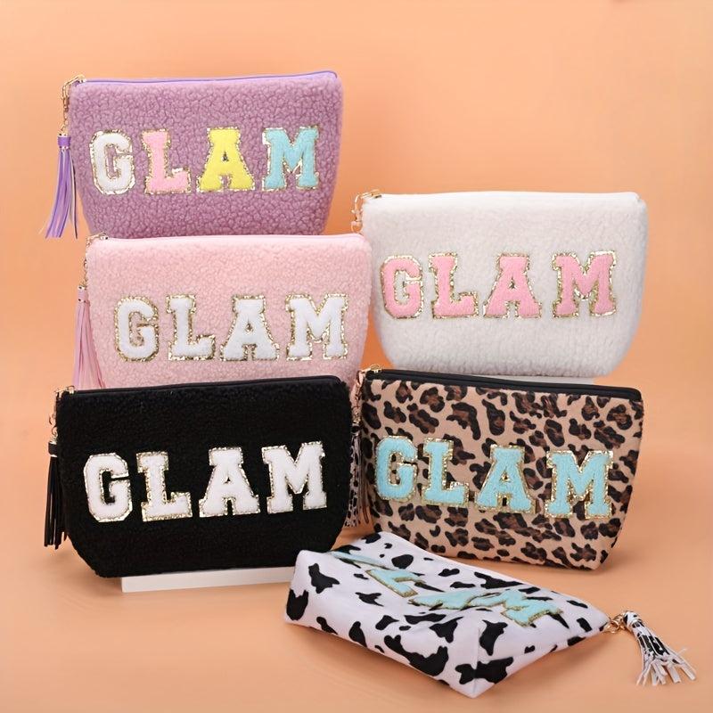 Chenille Embroidered Letter Pouch Patch Makeup Bag with Tassel Keychain