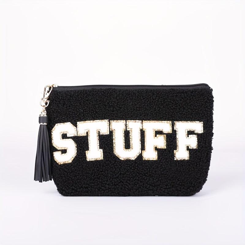 Chenille Embroidered Letter Pouch Patch Makeup Bag with Tassel Keychain