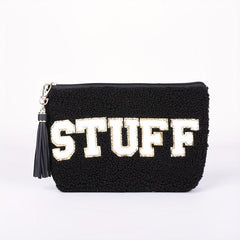 Chenille Embroidered Letter Pouch Patch Makeup Bag with Tassel Keychain