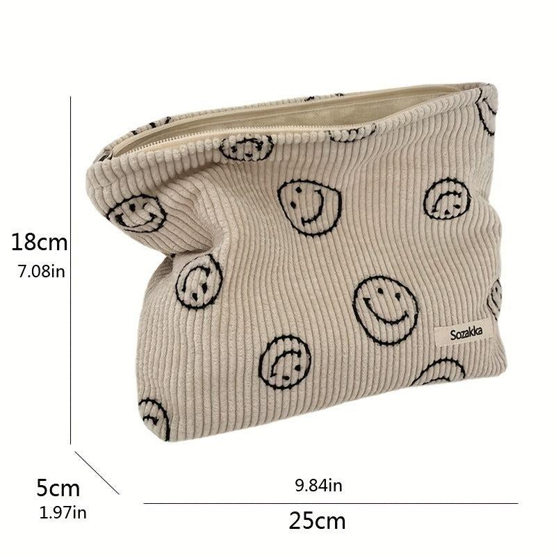 Corduroy Smiling Face Makeup Bag Travel Toiletry Organizer