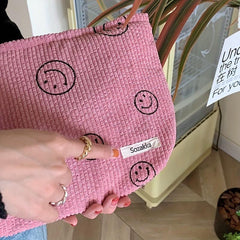 Corduroy Smiling Face Makeup Bag Travel Toiletry Organizer