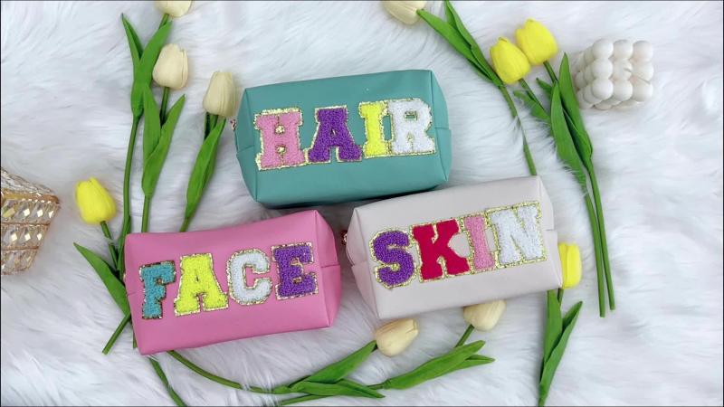 3 Pcs Preppy Patch Makeup Bag Chenille Letter Cosmetic Bag Waterproof Zipper