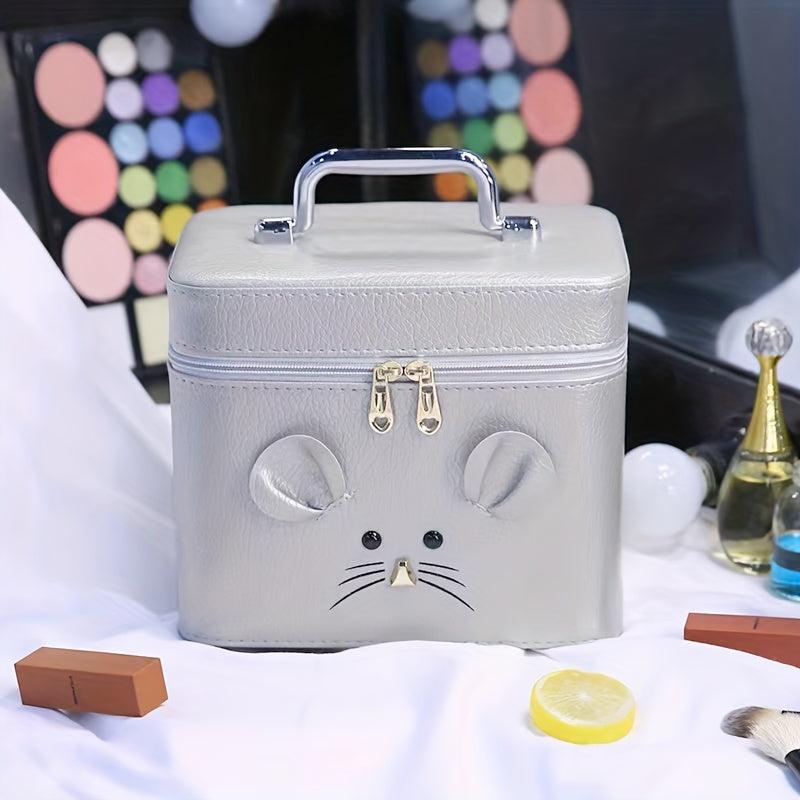 Mouse Decor Square Makeup Bag With Mirror Large Capacity PU Leather Makeup Case
