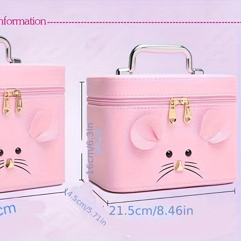 Mouse Decor Square Makeup Bag With Mirror Large Capacity PU Leather Makeup Case
