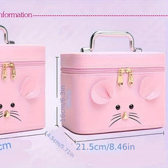 Mouse Decor Square Makeup Bag With Mirror Large Capacity PU Leather Makeup Case