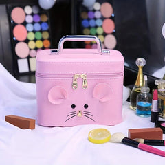 Mouse Decor Square Makeup Bag With Mirror Large Capacity PU Leather Makeup Case