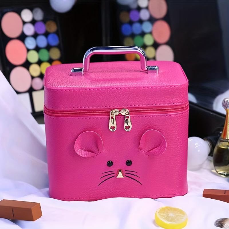 Mouse Decor Square Makeup Bag With Mirror Large Capacity PU Leather Makeup Case