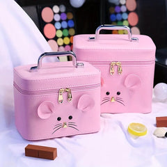 Mouse Decor Square Makeup Bag With Mirror Large Capacity PU Leather Makeup Case