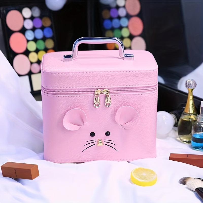 Mouse Decor Square Makeup Bag With Mirror Large Capacity PU Leather Makeup Case