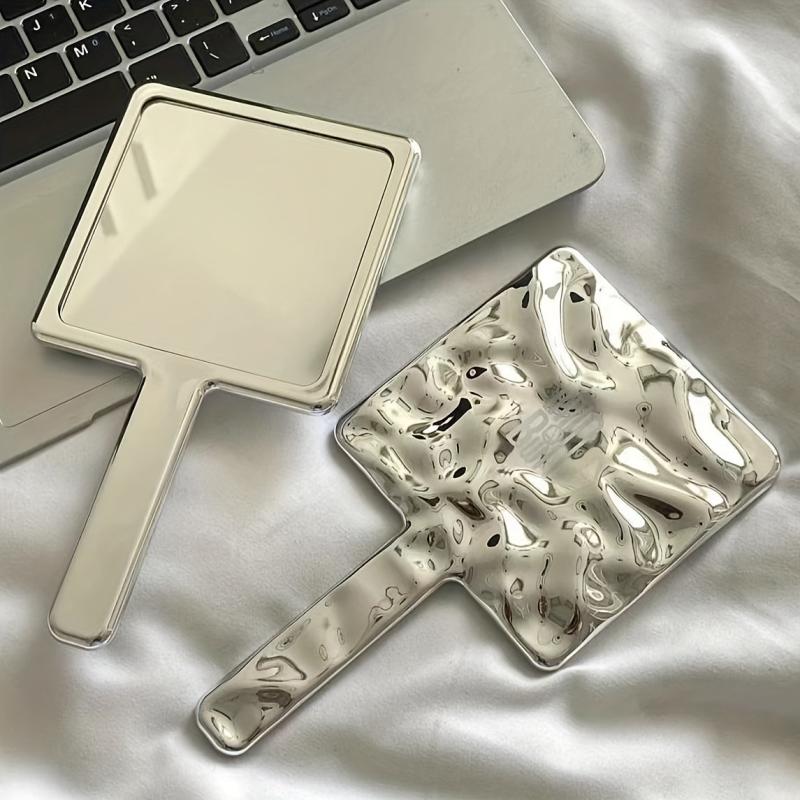 Square Vanity Mirror with Handle, Wave Pattern Handheld Makeup Cosmetic Mirror