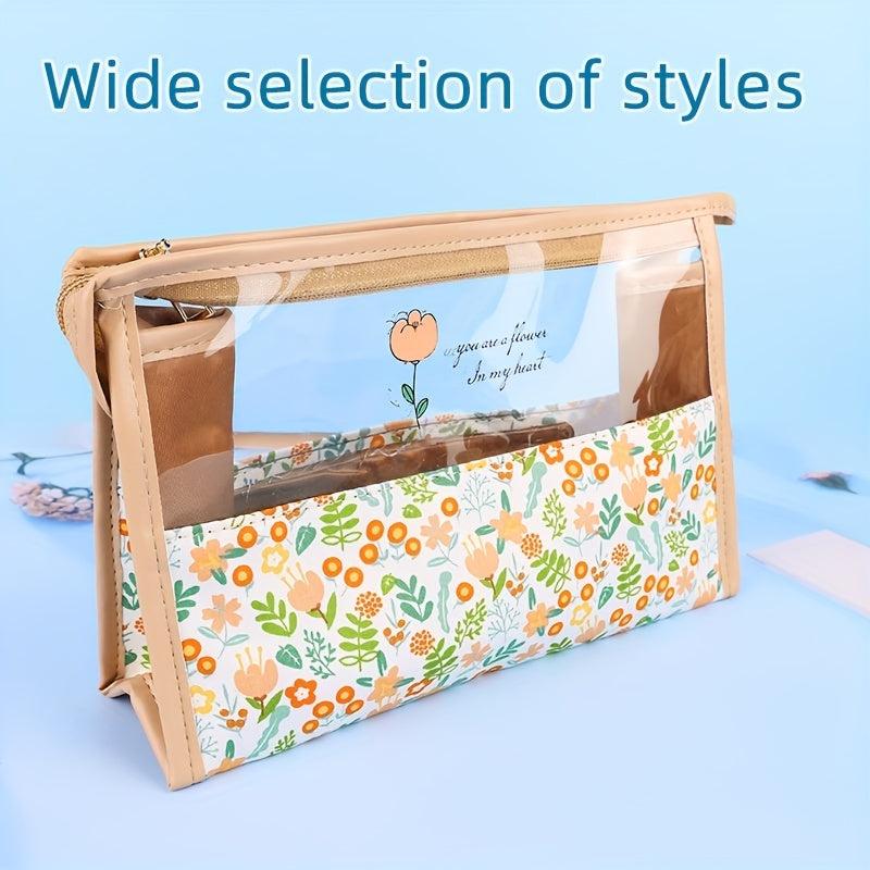 Floral Print Makeup Bag Clear Zipper Style Waterproof Toiletry Travel Organizer