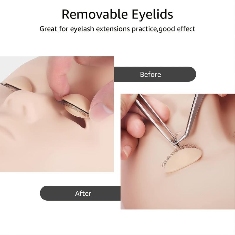 3 Pairs Mannequin Head Eyelash Extension Training Kit with Replacement Eyelids