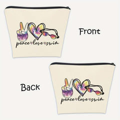 Funny Swimming Gift Peace Love Swim Makeup Bag With Zipper Swimmer Cosmetic Bag