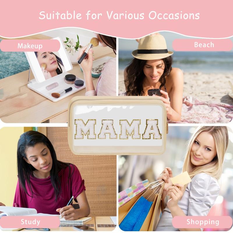 Chenille Letter Clear Makeup Bags Mama Pouch Preppy Patch