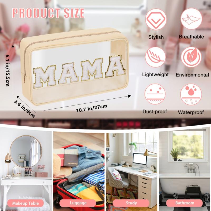 Chenille Letter Clear Makeup Bags Mama Pouch Preppy Patch