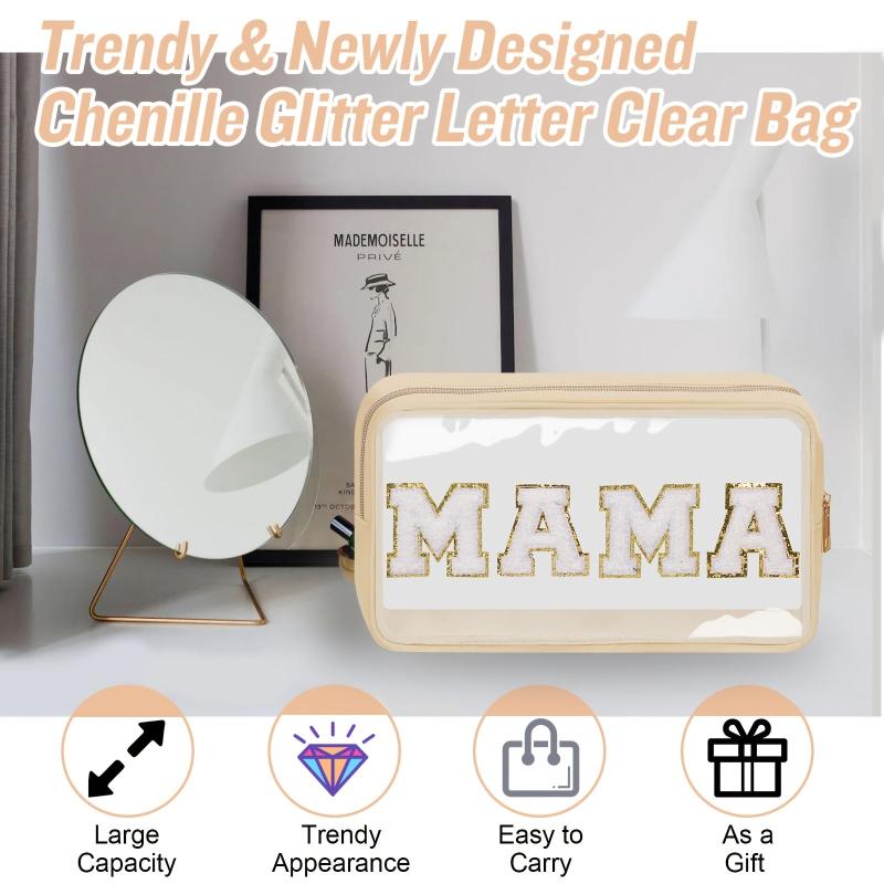 Chenille Letter Clear Makeup Bags Mama Pouch Preppy Patch