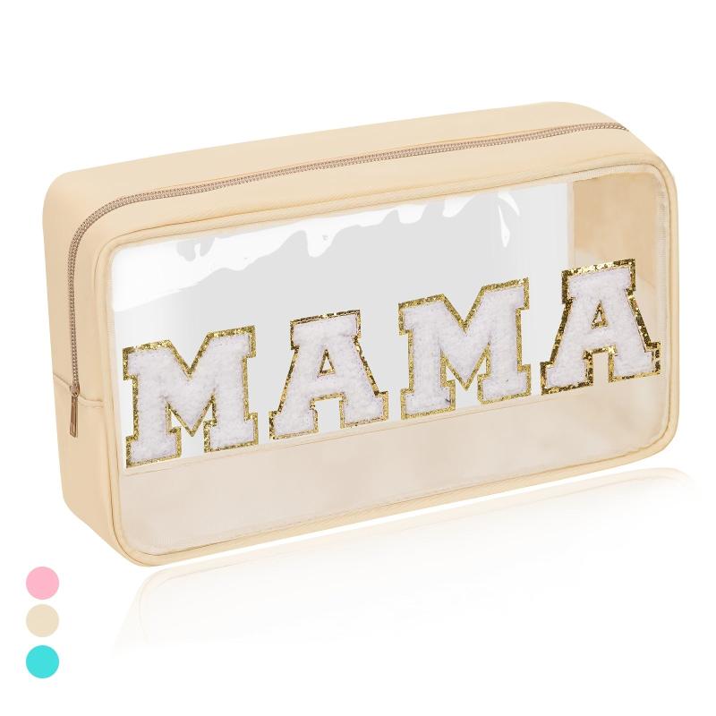 Chenille Letter Clear Makeup Bags Mama Pouch Preppy Patch