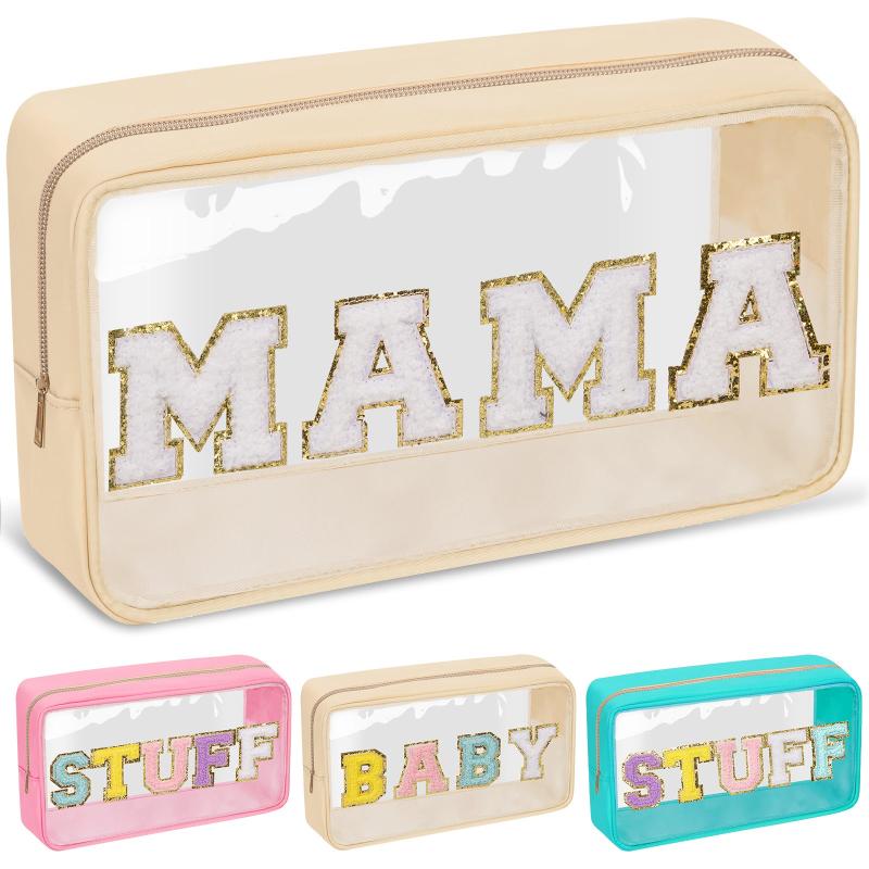 Chenille Letter Clear Makeup Bags Mama Pouch Preppy Patch