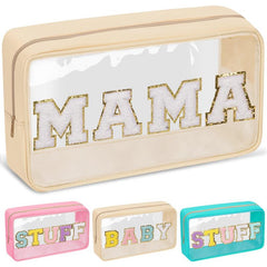 Chenille Letter Clear Makeup Bags Mama Pouch Preppy Patch