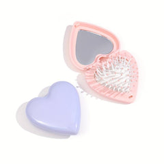 Heart Shape Foldable Hairbrush Mirror Portable Comb