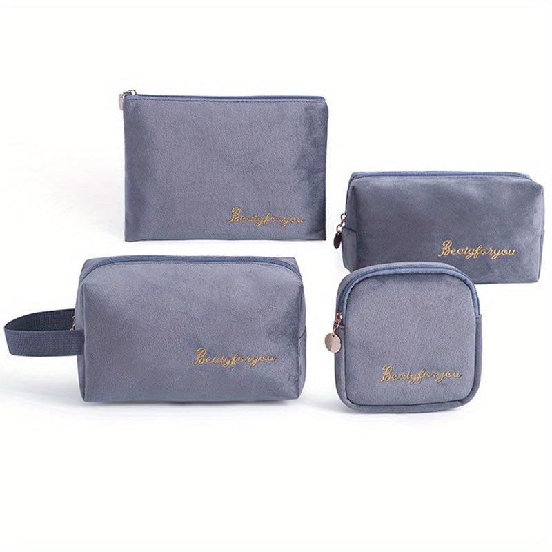 4pcs Flannel Cosmetic Bags Large Capacity Makeup Travel Zipper Storage Pouch