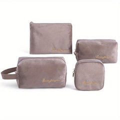 4pcs Flannel Cosmetic Bags Large Capacity Makeup Travel Zipper Storage Pouch
