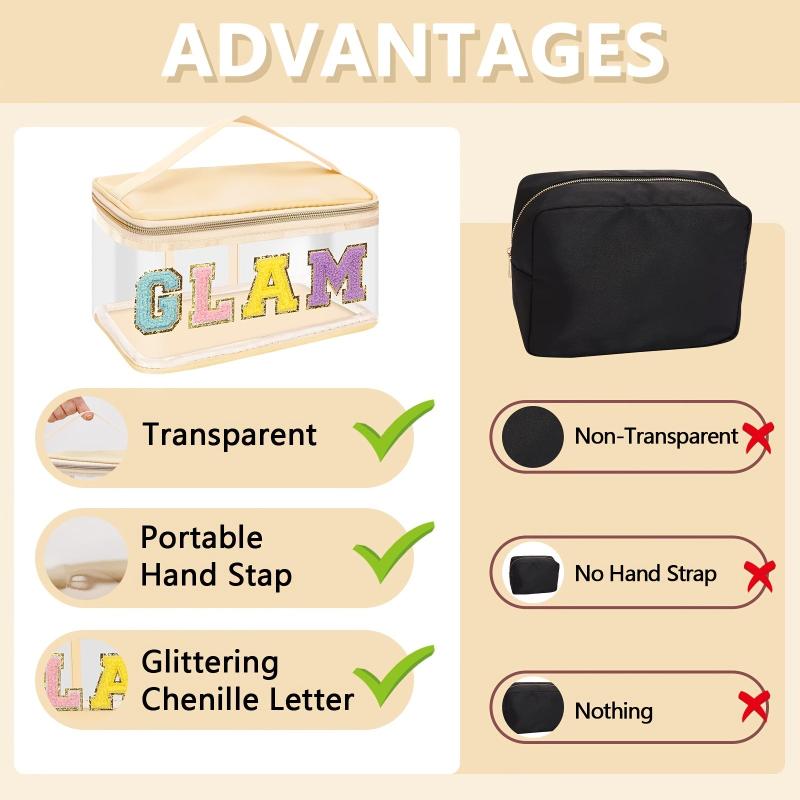 Chenille Letter Clear Makeup Bag Waterproof Glitter Cosmetic Handbag