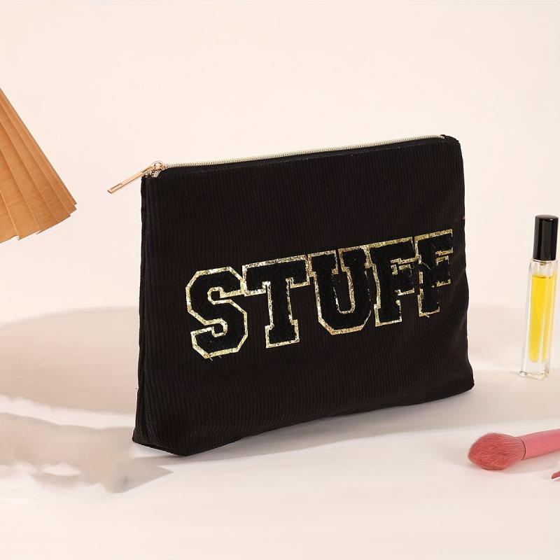 Chenille Letter Patches Makeup Toiletry Pouch Corduroy Cosmetic Bag 1pc