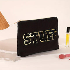 Chenille Letter Patches Makeup Toiletry Pouch Corduroy Cosmetic Bag 1pc